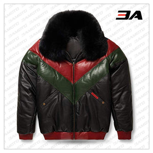 Leather V-Bomber Jacket Red Green Black with Black Fox Fur