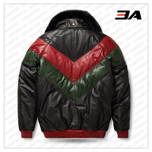 Leather V-Bomber Jacket Red Green Black with Black Fox Fur back