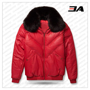 Leather V-Bomber Jacket Red with Black Fox Fur
