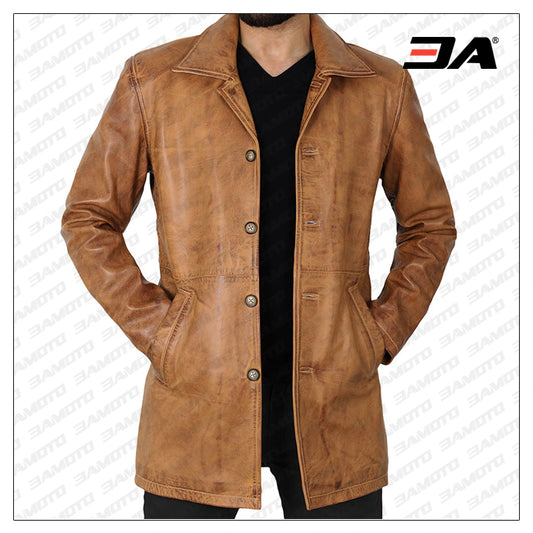 Winchester Mens Brown Leather Car Coat - Fashion Leather Jackets USA - 3AMOTO