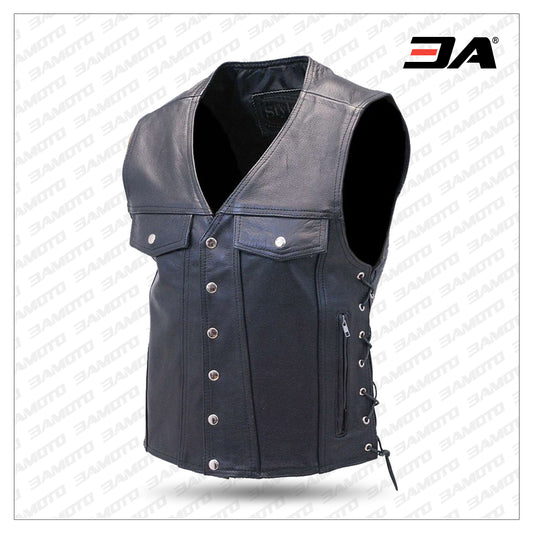 Long Leather Biker Vest for Men - 3amoto shop