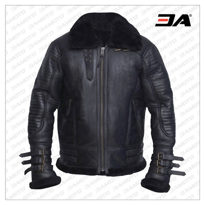 Men Black Biker Shearling Jacket