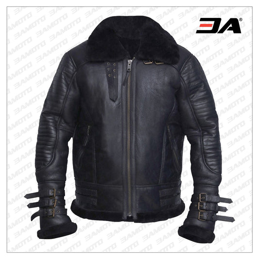 Men Black Biker Shearling Jacket - Fashion Leather Jackets USA - 3AMOTO