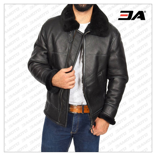 Men Black Shearling Flying Leather Jacket - Fashion Leather Jackets USA - 3AMOTO