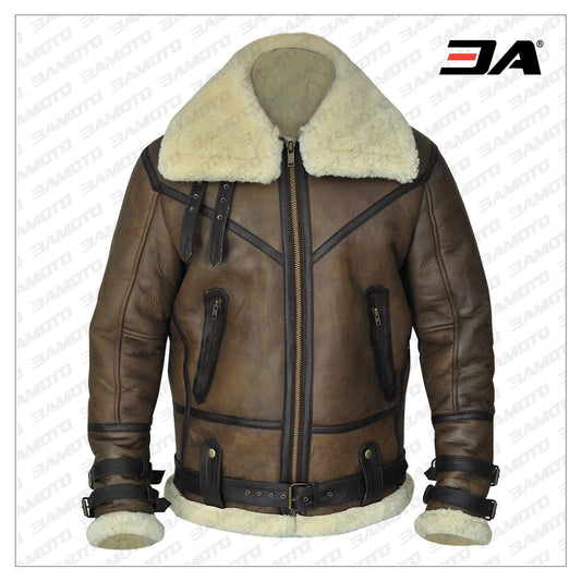 Men Brown B3 Aviator Shearling Jacket - Fashion Leather Jackets USA - 3AMOTO