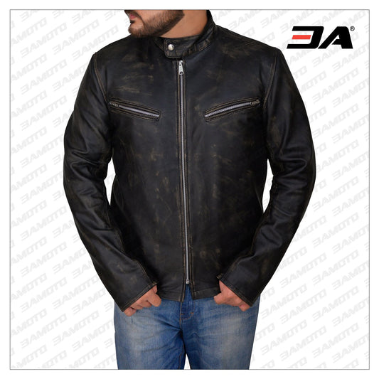 Men Distressed Black Cafe Racer Jacket - Fashion Leather Jackets USA - 3AMOTO