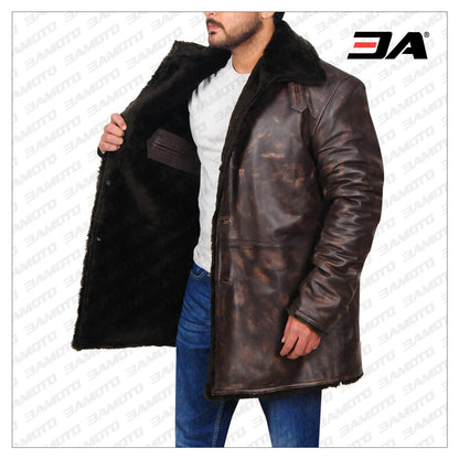 Men Distressed Brown Fur Collar Jacket