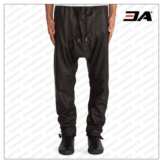 Mens Leather Drop Crotch Skinny Pants With Toggle Closure Hem - Fashion Leather Jackets USA - 3AMOTO