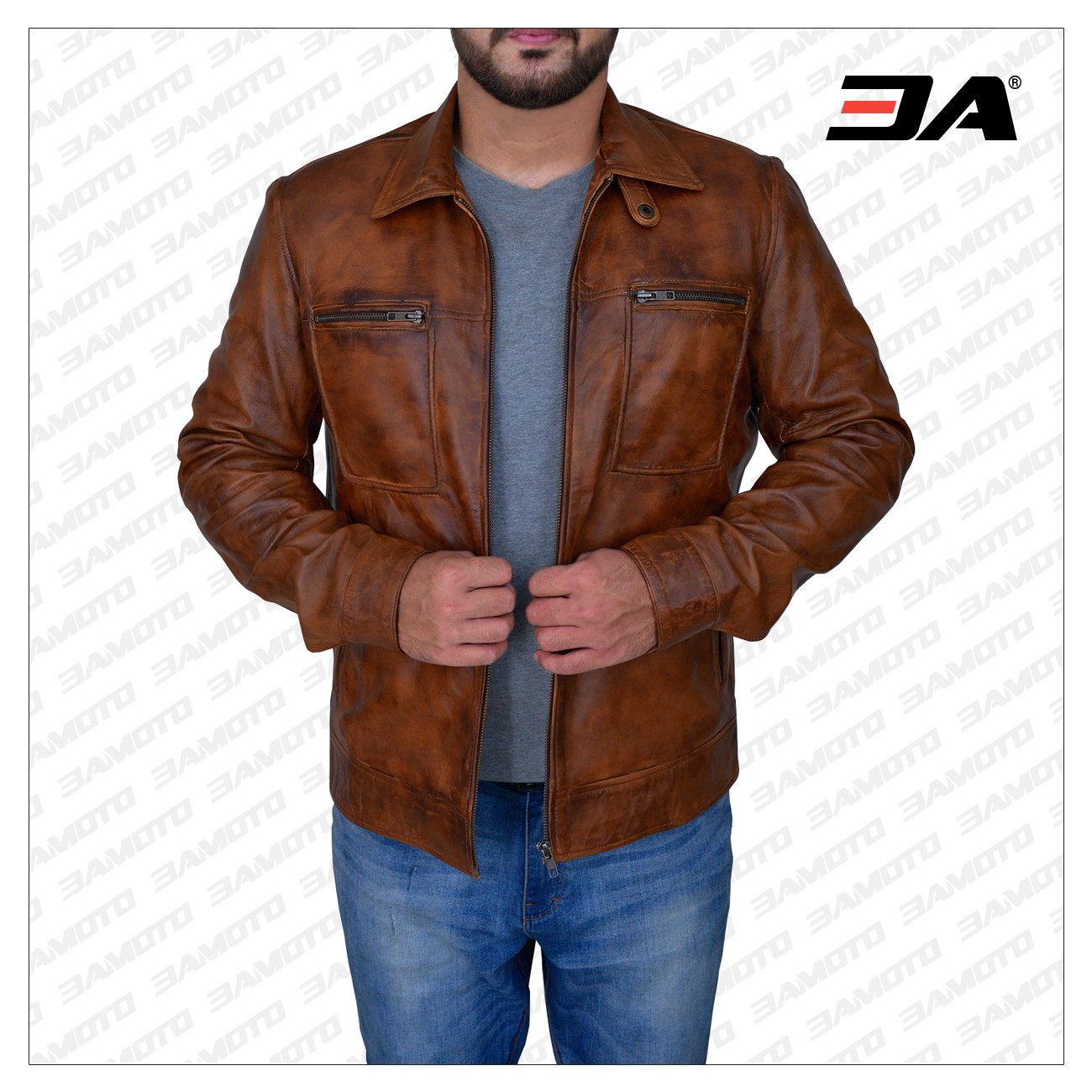 distressed leather on the Men's Brown Jacket, showing the unique texture and high-quality material. This jacket is designed for a timeless and stylish look.