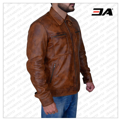 Men's Distressed Brown Leather Jacket, showcasing the rugged and vintage design. The jacket features high-quality leather with a weathered look, perfect for a stylish and edgy appearance.