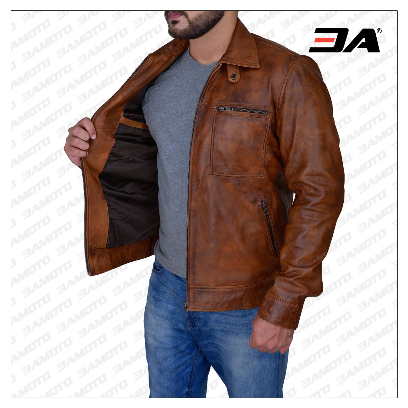 Men's Distressed Brown Leather Jacket, highlighting the detailed craftsmanship and distressed texture. This jacket offers a blend of classic style and modern ruggedness.