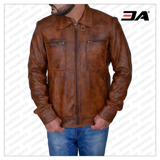 Men's Distressed Brown Leather Jacket - Fashion Leather Jackets USA - 3AMOTO