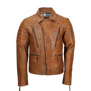 Men's Tan Vintage Style Biker Fashion Leather Jacket