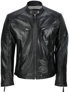 Men's Black Vintage Biker Style Waxed Sheep Skin Fashion Jacket