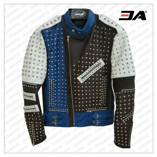 Made To Order Full Studded Biker Leather Coat Jacket Multi Color Design - 3A MOTO LEATHER - Fashion Leather Jackets USA - 3AMOTO