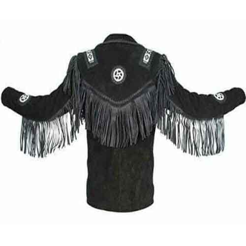 Quality Cowboy Jackets Mens Traditional Cowboy Western Leather Jacket Coat with Fringe Native American Jacket Suede Beaded (L) Black, Large