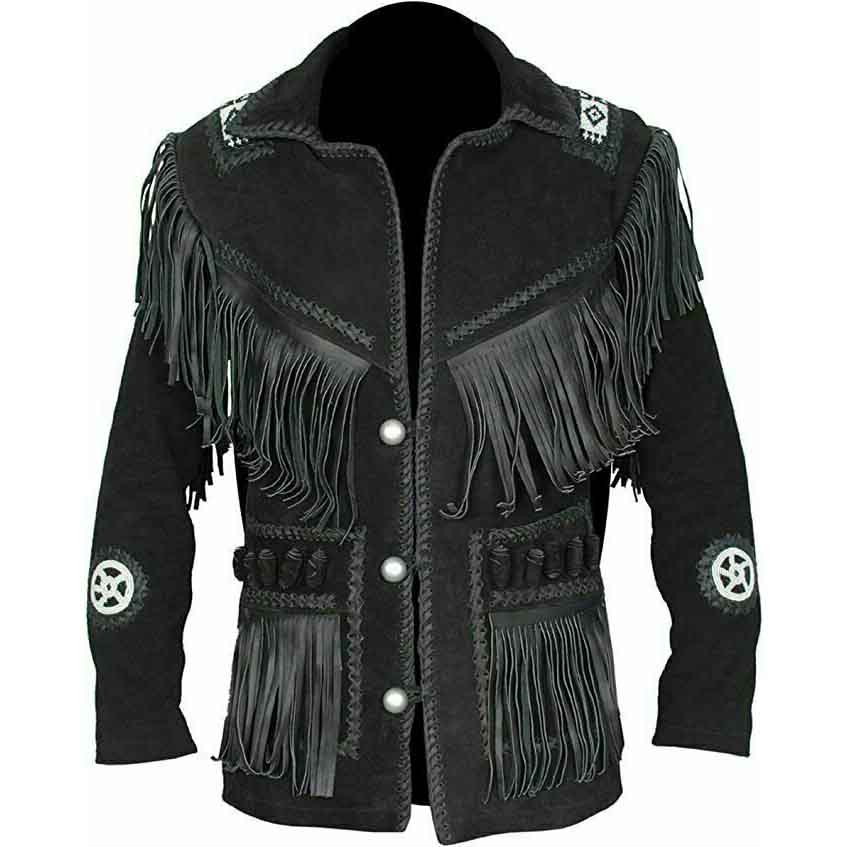 Men's Traditional Cowboy Western Leather Jacket Brown Coat with Fringe Native American Jacket Suede