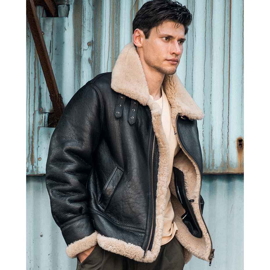 Men's Aviator RAF Classic B3 BLACK Sheepskin Bomber Flying Real Shearling Jacket Men's Aviator RAF Classic B3 BLACK Sheepskin Bomber Flying Real Shearling Jacket