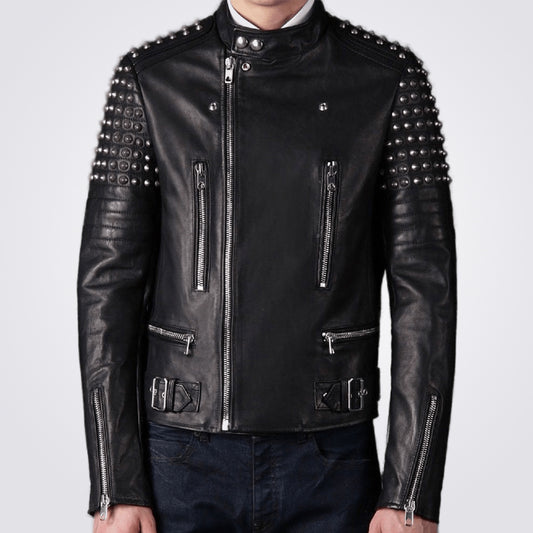 Men Black Leather Fashion Studded Jacket - Fashion Leather Jackets USA - 3AMOTO