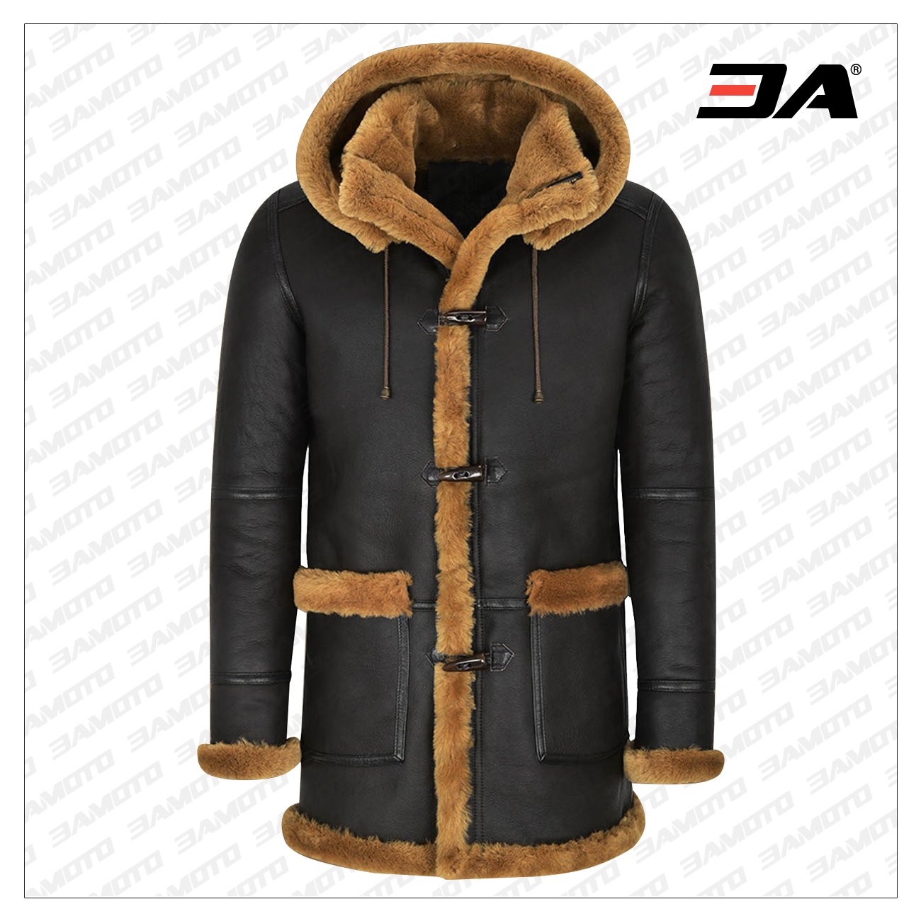 Men Black Shearling Coat with Hoodie