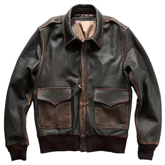 Men Distressed Brown A2 Bomber Aviator Military Pilot Flight Leather Jacket - Fashion Leather Jackets USA - 3AMOTO