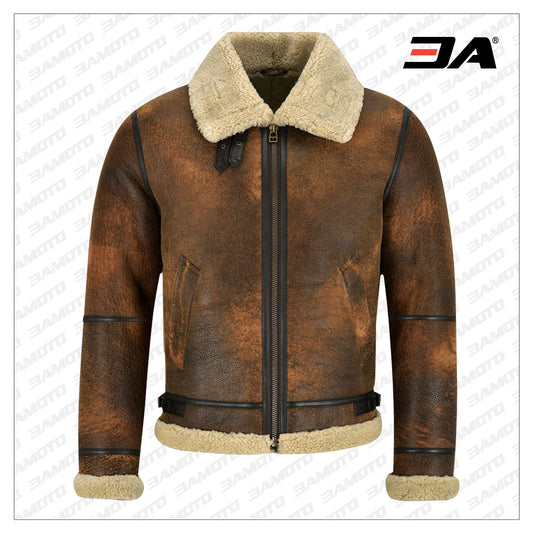 Men Distressed Brown Shearling Jacket - Fashion Leather Jackets USA - 3AMOTO