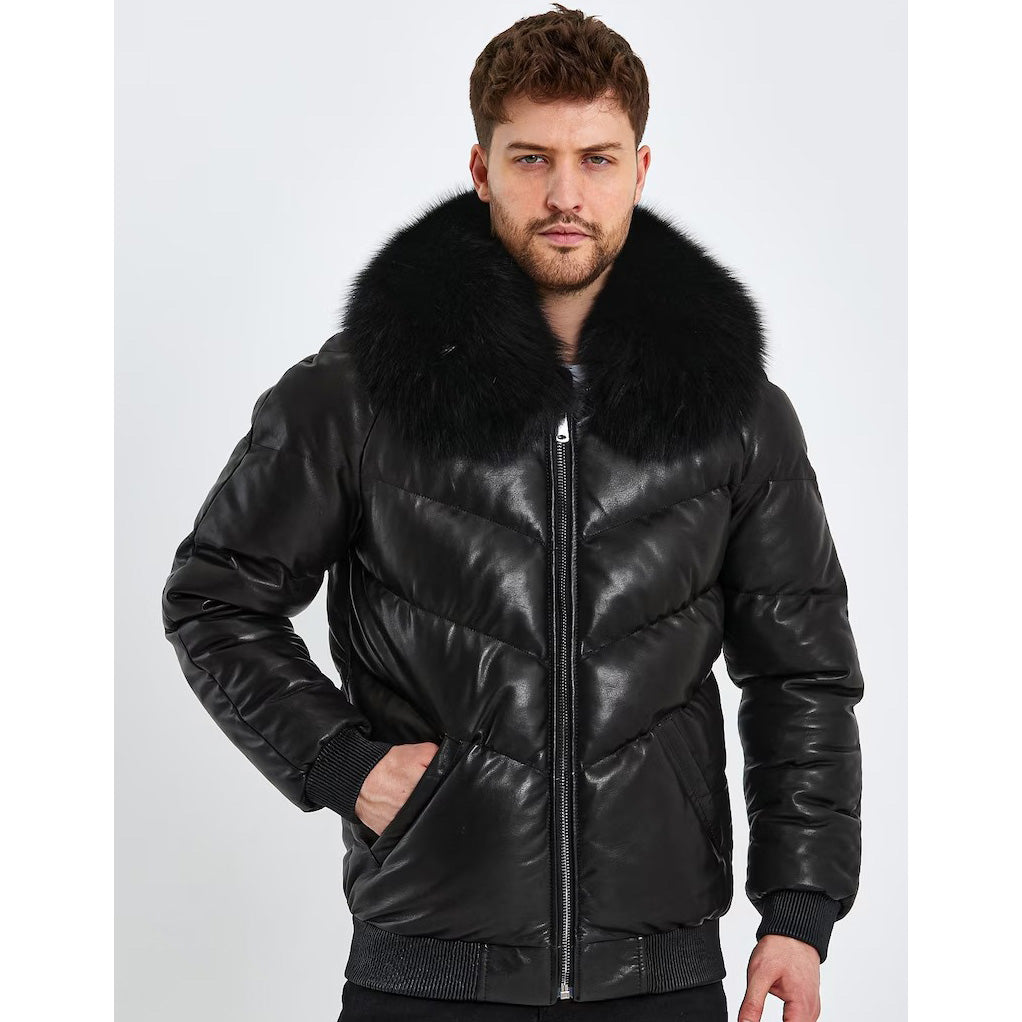 Men Genuine Leather Bomber Down Jacket with Fox Fur Collar