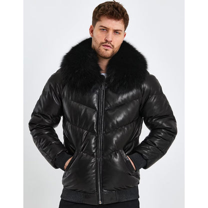 Men Genuine Leather Bomber Down Jacket with Fox Fur Collar