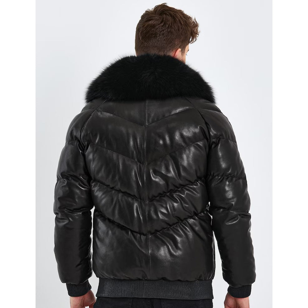 Men Genuine Leather Bomber Down Jacket with Fox Fur Collar