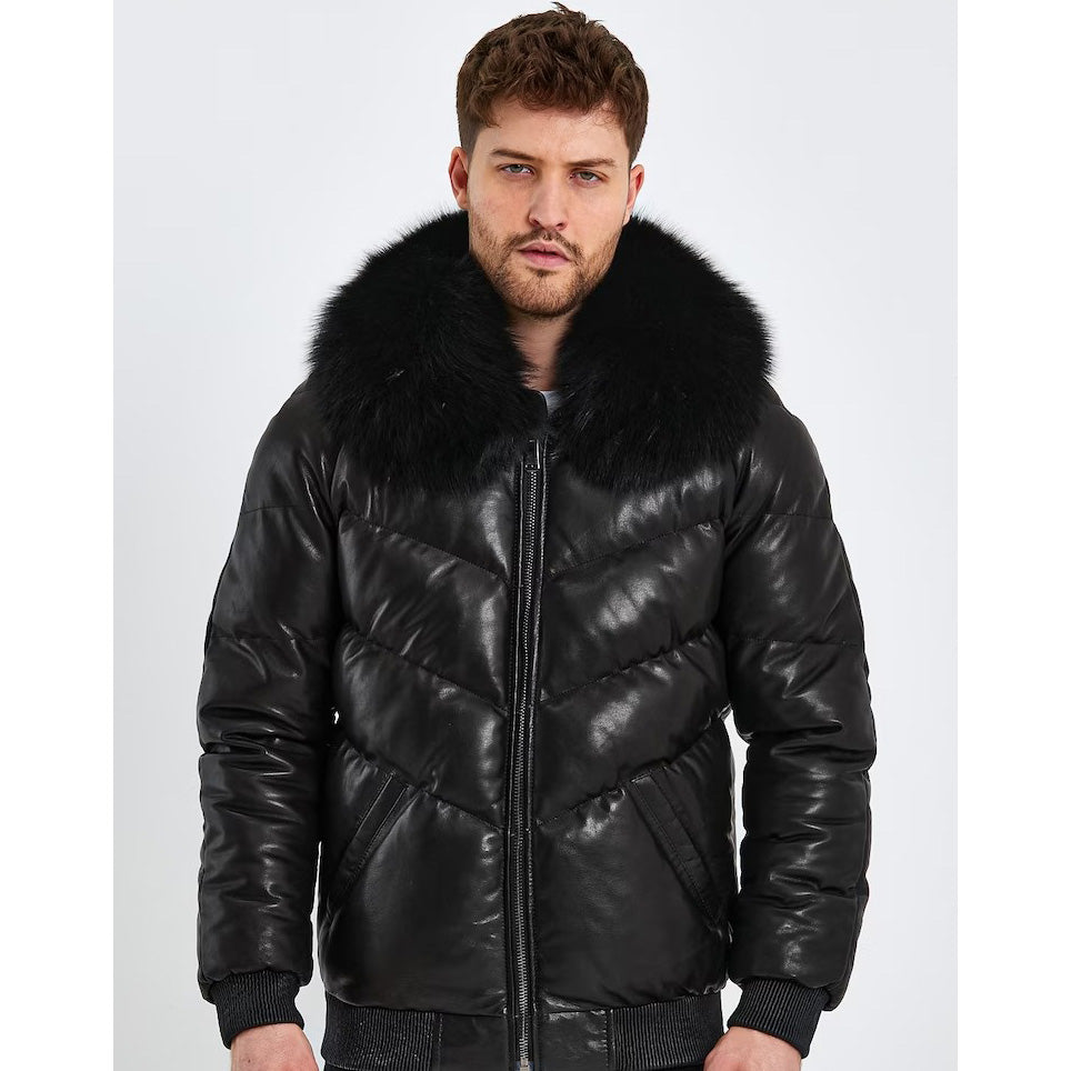 Men Genuine Leather Bomber Down Jacket with Fox Fur Collar