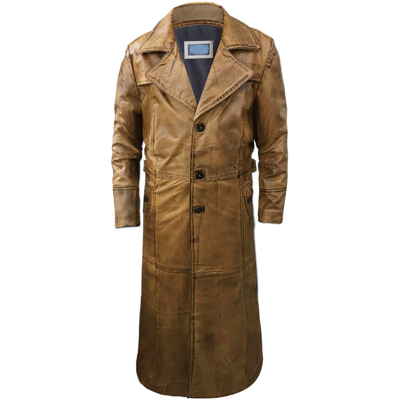 Mens Distressed Brown Leather Trench Coat - 3amoto