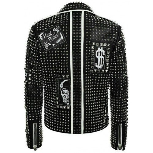 Men Philipp Plein Studded Black Leather Jacket