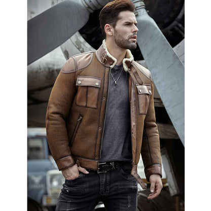 Men Shearling Sheepskin Genuine Leather Coat B3 Bomber Jacket Retro Aviator Outerwear Trench Flight Grey Winter Thick Jacket