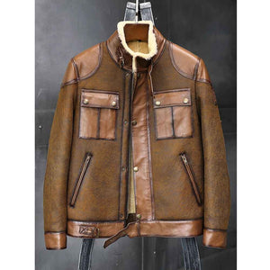 Men Shearling Sheepskin Genuine Leather Coat B3 Bomber Jacket Retro Aviator Outerwear Trench Flight Grey Winter Thick Jacket