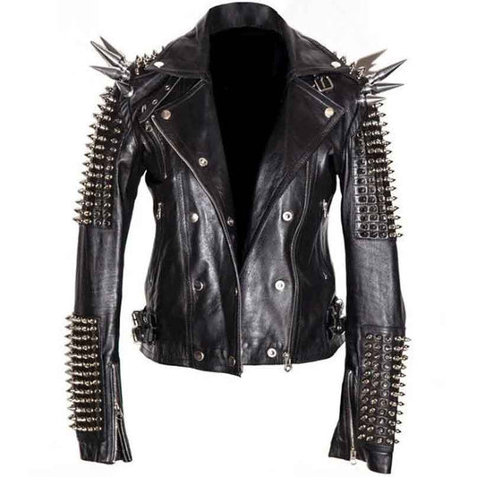 Men Silver Studded Long Spiked Leather Jacket - Fashion Leather Jackets USA - 3AMOTO