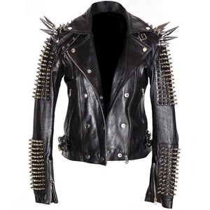Men Silver Studded Long Spiked Leather Jacket