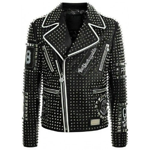 Men’s Brando Studded Multi Patches Punk Leather Jacket in Black - Fashion Leather Jackets USA - 3AMOTO