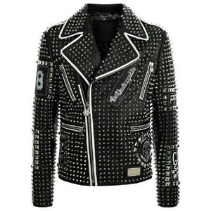 Men’s Brando Studded Multi Patches Punk Leather Jacket in Black