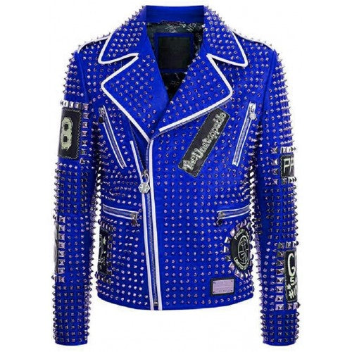 Mens Multi Patches Spiked Leather Jacket in Blue