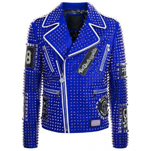 Mens Multi Patches Spiked Leather Jacket in Blue - Fashion Leather Jackets USA - 3AMOTO