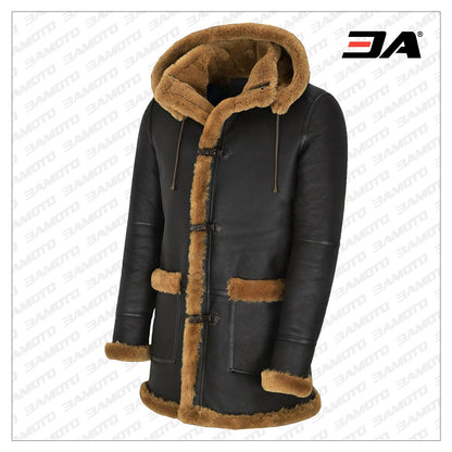 Men Pitch Black Shearling Coat with Hoodie