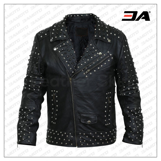 Men Black Cone Spike And Roundhead Studs Leather Jacket - Fashion Leather Jackets USA - 3AMOTO