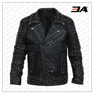 Men Black Cone Spike And Roundhead Studs Leather Jacket