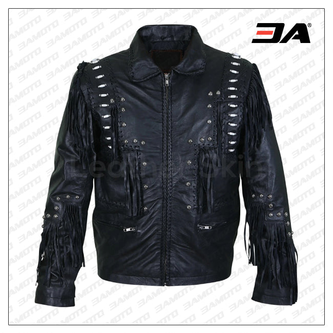 Men Black Fringes White Beads Leather Jacket With Round Studs