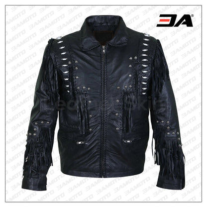 Men Black Fringes White Beads Leather Jacket With Round Studs