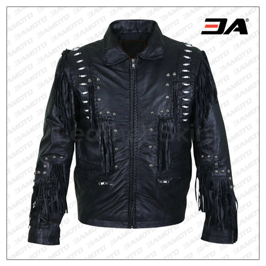 Men Black Fringes White Beads Leather Jacket With Round Studs - Fashion Leather Jackets USA - 3AMOTO