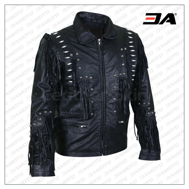 Men Black Fringes White Beads Leather Jacket With Round Studs