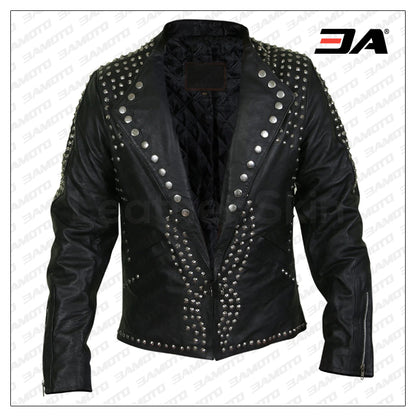 Men Black Jacket With Cone Spikes Stud On Shoulder