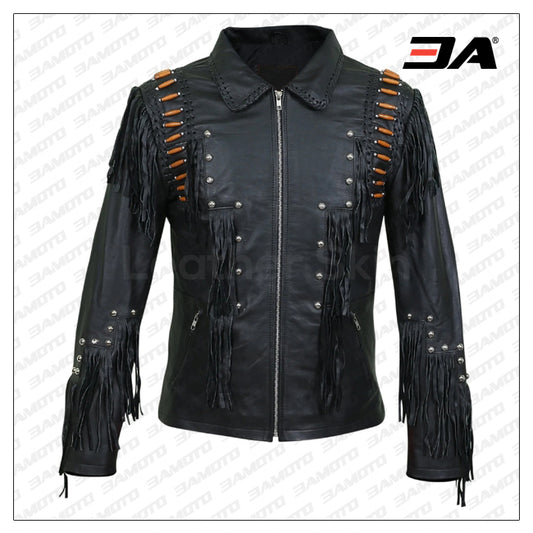 Men Black Western Fringes With Roundhead Studs And Brown Beads - Fashion Leather Jackets USA - 3AMOTO