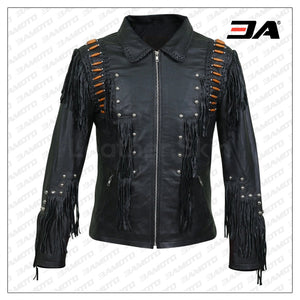 Men Black Western Fringes With Roundhead Studs And Brown Beads